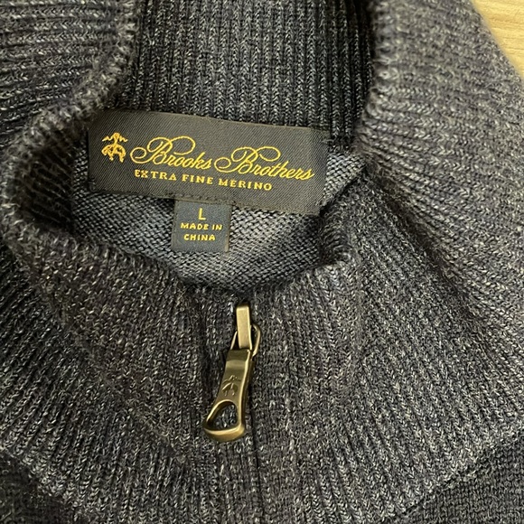 Brooks Brothers Navy 100% Extra Fine Merino Wool Zip Front Men's Cardigan Large - Picture 8 of 12